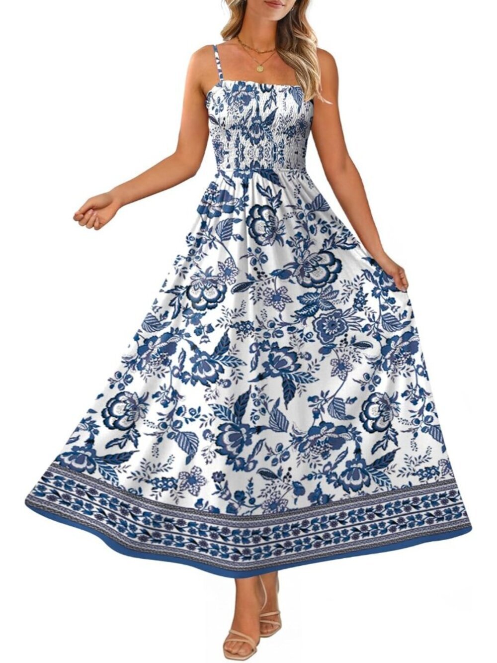 Women's Blue Floral Spaghetti Strap Smocked Casual Boho Beach Long Maxi Dresses - Picture 2 of 5
